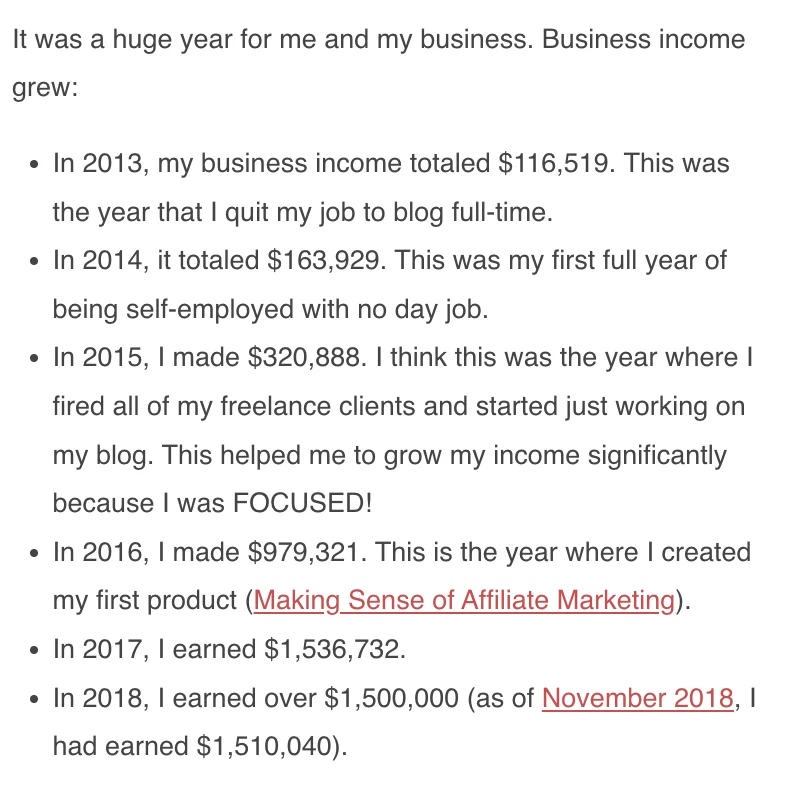 Screenshot des Jahresberichts von Making Sense of Cents mit der Zeile: In 2018, I earned over 1.500.000 Dollar